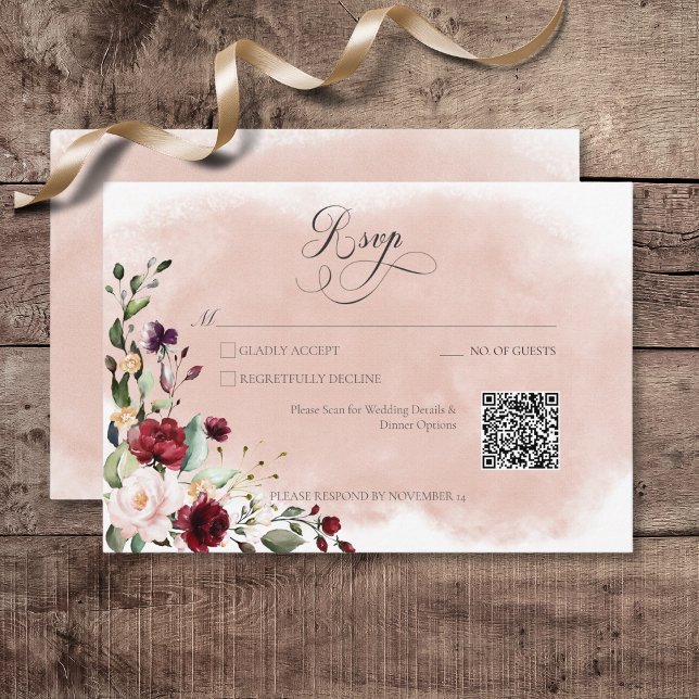 Rustic Burgundy & Blush Pink Roses QR Code RSVP Card (Rustic Burgundy & Blush Pink Roses Wedding Response Card with QR Code)