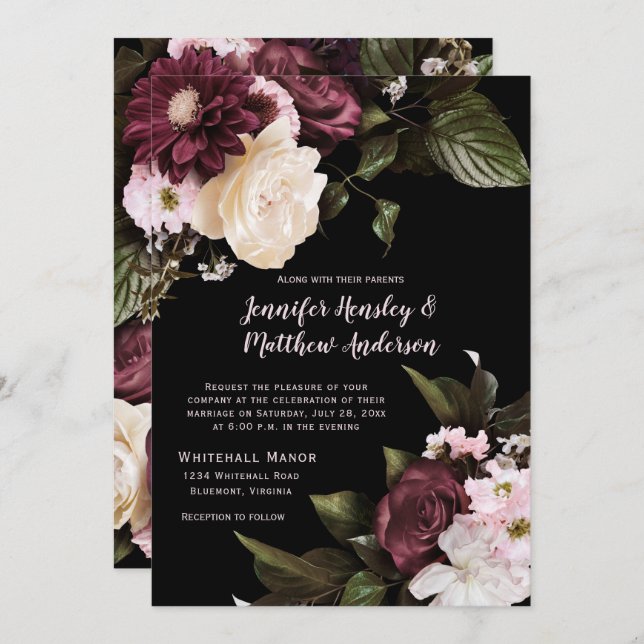 Rustic Burgundy, Blush Pink, White Floral Wedding Invitation (Front/Back)