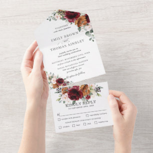 Rustic Burgundy Blush Rust Ivory Floral Wedding   All In One Invitation