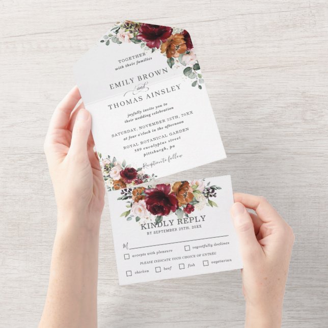 Rustic Burgundy Blush Rust Ivory Floral Wedding    All In One Invitation (Tearaway)