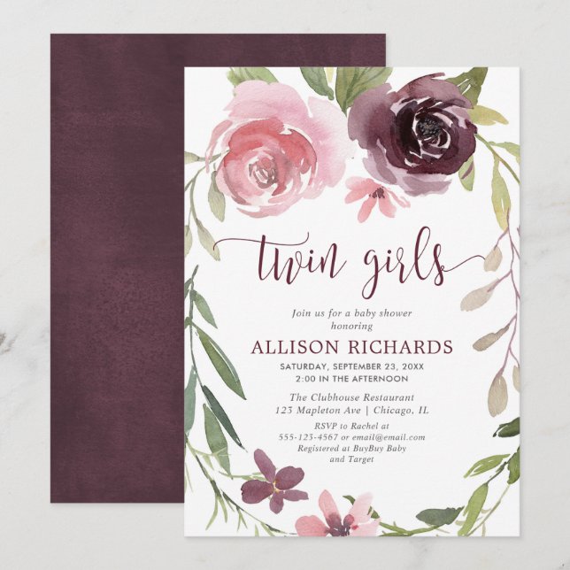 Rustic burgundy blush twin girls baby shower invitation (Front/Back)