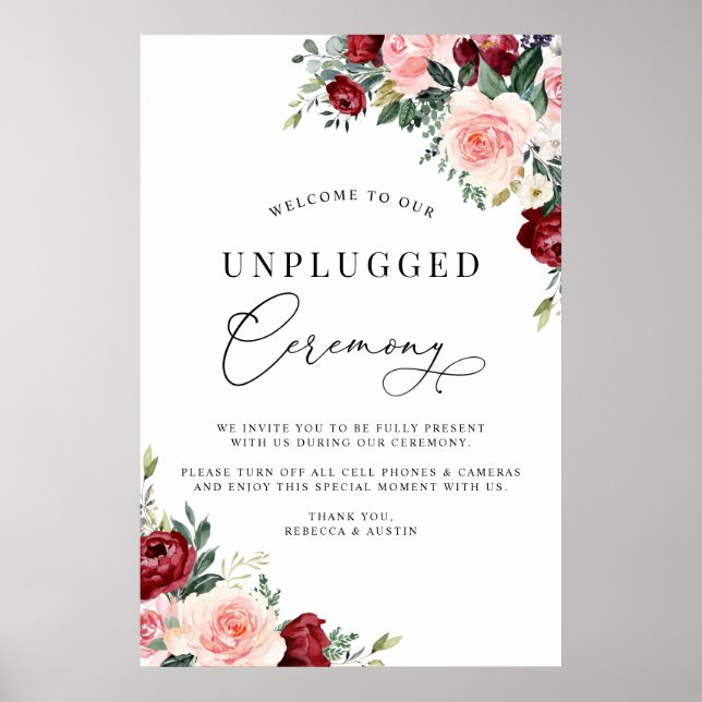 Rustic Burgundy Blush Unplugged Ceremony Wedding Poster (Front)