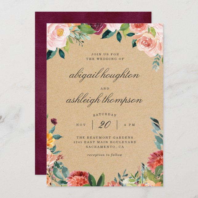 Rustic Burgundy Blush Watercolor Floral Wedding Invitation (Front/Back)