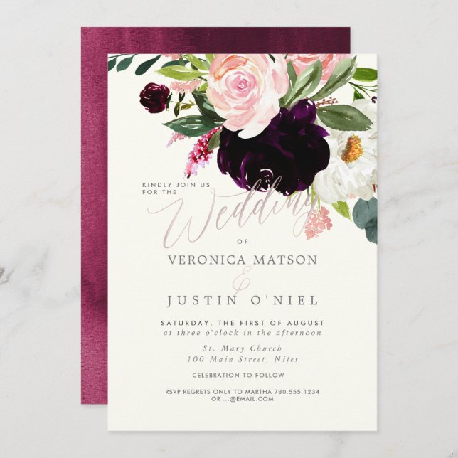 Rustic Burgundy+Blush Watercolor Flowers Invitation (Front/Back)