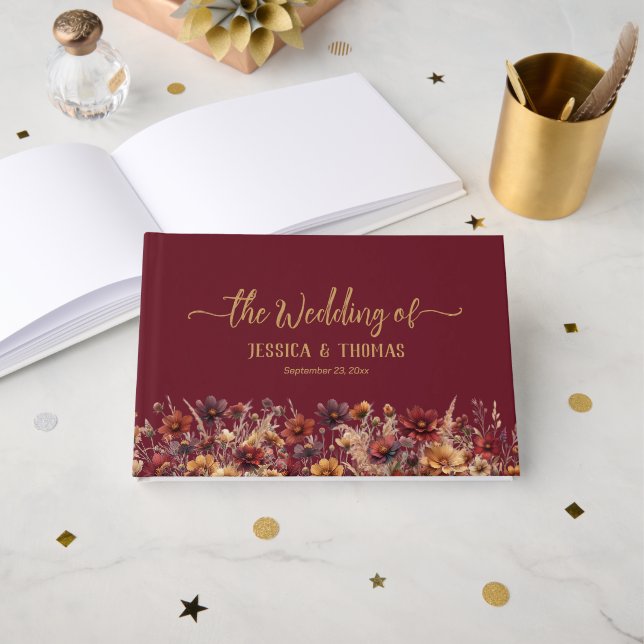 Rustic Burgundy Boho Chic Wildflowers Wedding Guest Book (Front Open)
