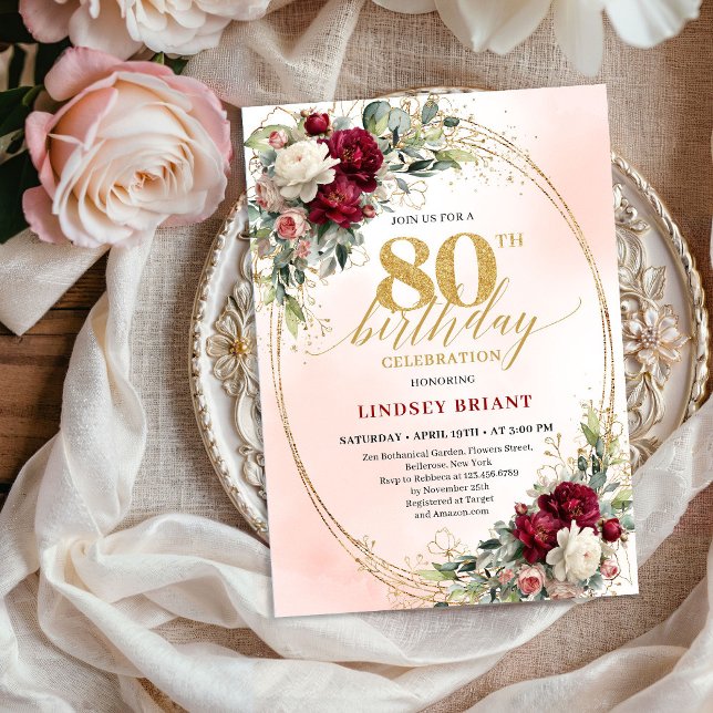Rustic Burgundy Boho Flowers 80th Birthday Invites (Rustic Burgundy Boho Flowers 80th Birthday Invitation)