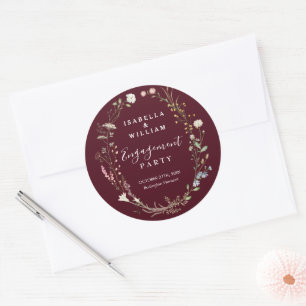 Rustic Burgundy Boho Wildflower Engagement Party Classic Round Sticker