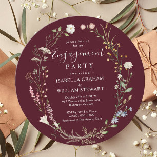 Rustic Burgundy Boho Wildflower Engagement Party Invitation