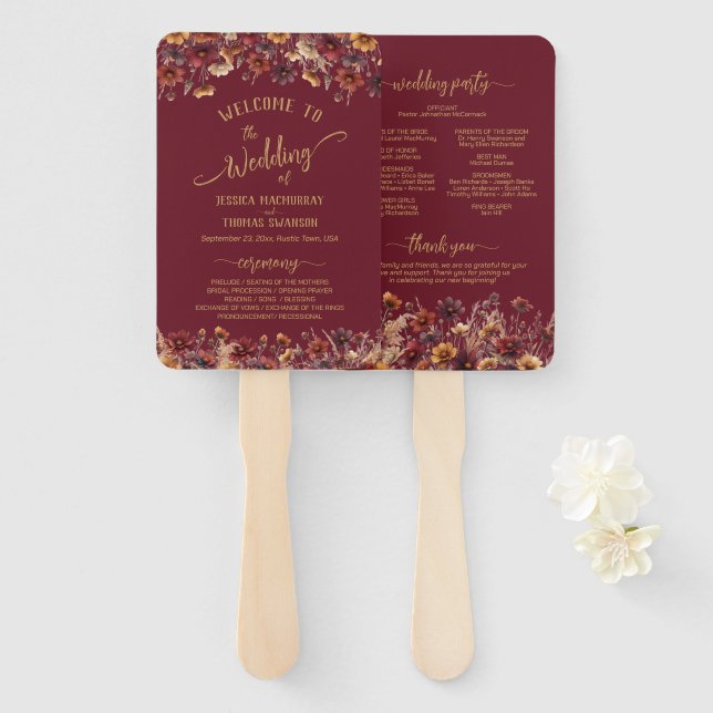 Rustic Burgundy Boho Wildflowers Wedding Program Hand Fan (Front and Back)