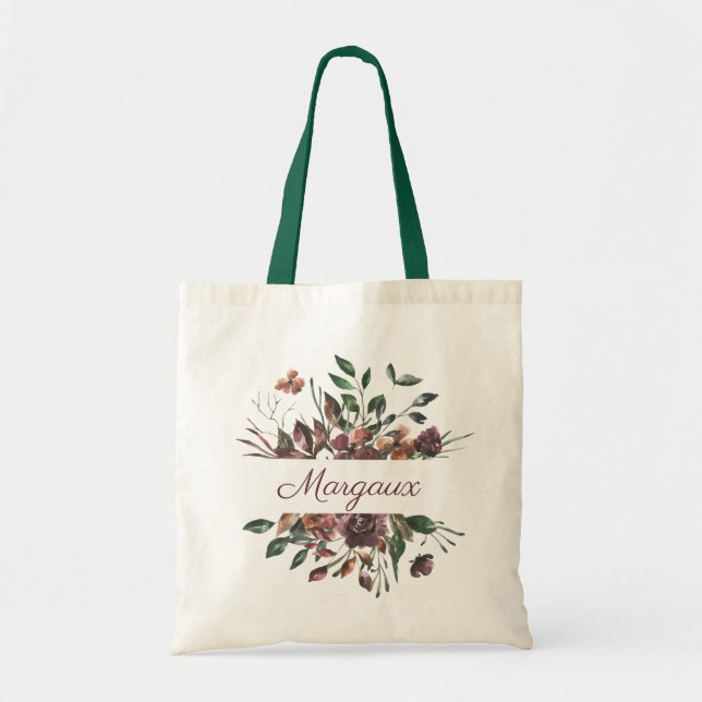 Rustic Burgundy Botanical Bouquet Monogram Tote Bag (Front)