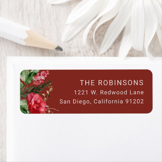 Rustic Burgundy Botanical Christmas Return Address Return Address Label (Insitu)