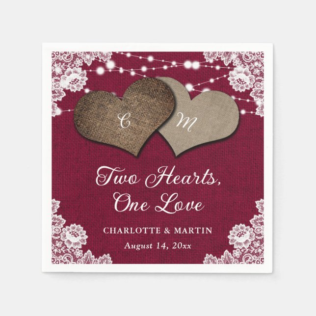Rustic Burgundy Burlap Lace String Lights Wedding Napkin (Front)