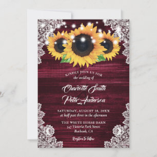 Rustic Burgundy Burlap Lace Sunflower Wedding Invitation