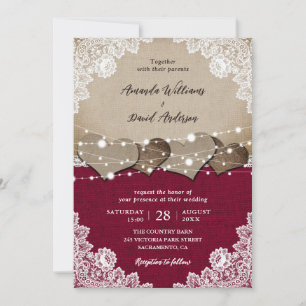Rustic Burgundy Burlap Lace Wedding Invitation