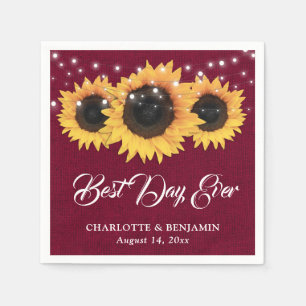 Rustic Burgundy Burlap Sunflower Wedding Napkin