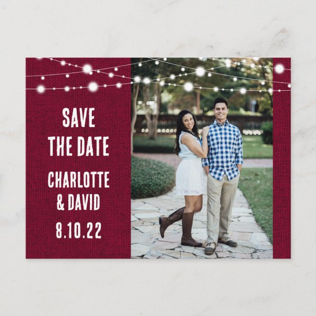 Rustic Burgundy Burlap Wedding Save The Date Photo Announcement Postcard (Front)