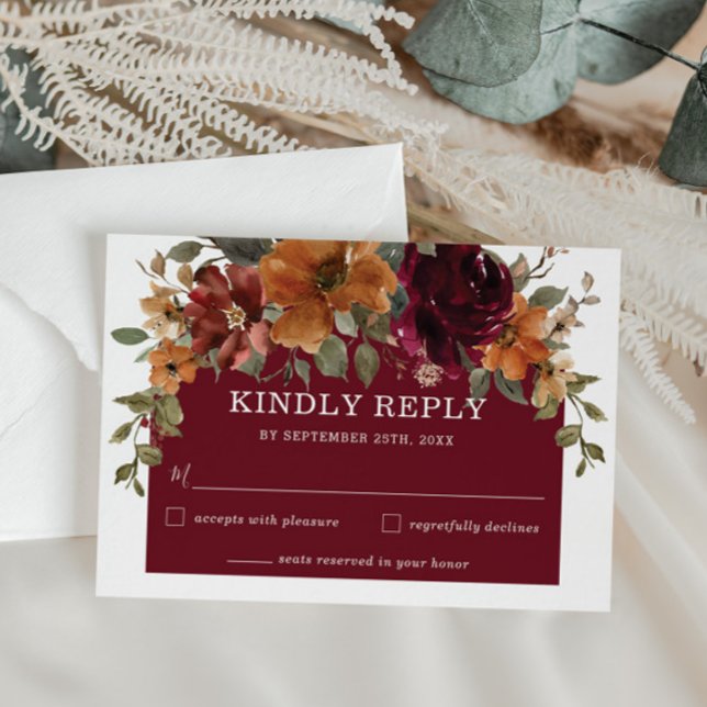 Rustic Burgundy Burnt Orange Floral Arch Wedding RSVP Card (Creator Uploaded)