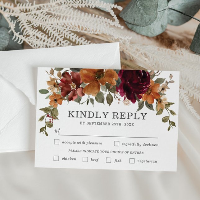 Rustic Burgundy Burnt Orange Floral Wedding Meal RSVP Card (rustic-elegant-burgundy-burnt-orange-floral-autumn-fall-wedding-rsvp-response-reply-cards-printed)