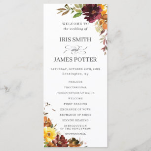 Rustic Burgundy Burnt Orange Floral Wedding  Program