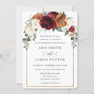 Rustic Burgundy Burnt Orange Ivory Floral Wedding  Invitation