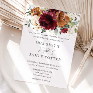 Rustic Burgundy Burnt Orange Ivory Floral Wedding Invitation