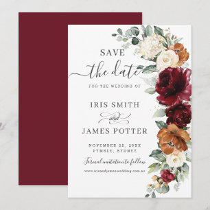 Rustic Burgundy Burnt Orange Ivory Floral Wedding  Save The Date