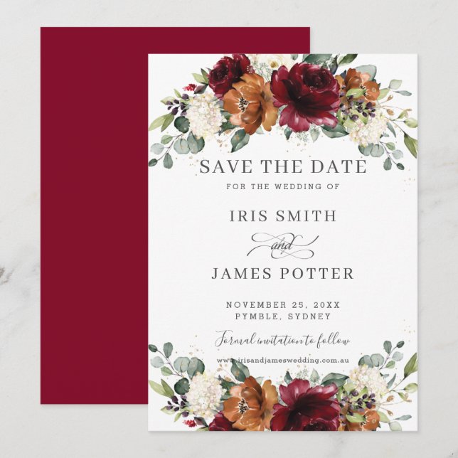 Rustic Burgundy Burnt Orange Ivory Floral Wedding Save The Date (Front/Back)
