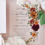 Rustic Burgundy Burnt Orange Rust Floral Wedding Acrylic Invitations<br><div class="desc">Announce your special day with our elegant acrylic invitation cards, featuring a beautiful burgundy and burnt orange floral design. Easily personalise your invitation by clicking the "Edit Using Design Tool" button to re-arrange and format the text to your liking. Choose from two exquisite finishes: Clear or Frosted. Explore our coordinating...</div>