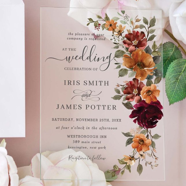 Rustic Burgundy Burnt Orange Rust Floral Wedding Acrylic Invitations (Creator Uploaded)