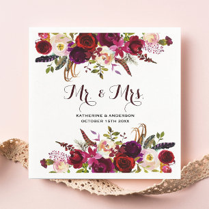 Rustic Burgundy Chic Floral Mr and Mrs Wedding Napkin