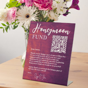 Rustic Burgundy Elegant QR Code Honeymoon Fund Pedestal Sign