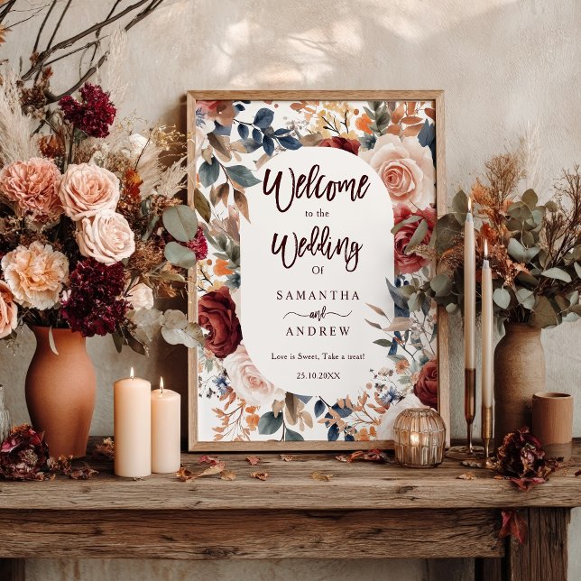 Rustic Burgundy Fall Floral Boho Wedding Welcome Poster (Rustic Burgundy Fall Floral Boho Wedding Welcome Poster)