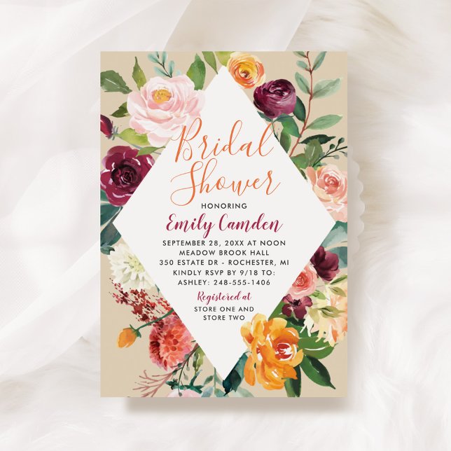 Rustic Burgundy Fall Floral Diamond Bridal Shower Invitation (Creator Uploaded)