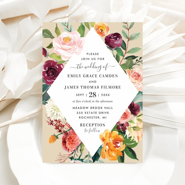 Rustic Burgundy Fall Floral Diamond Wedding Invitation (Creator Uploaded)