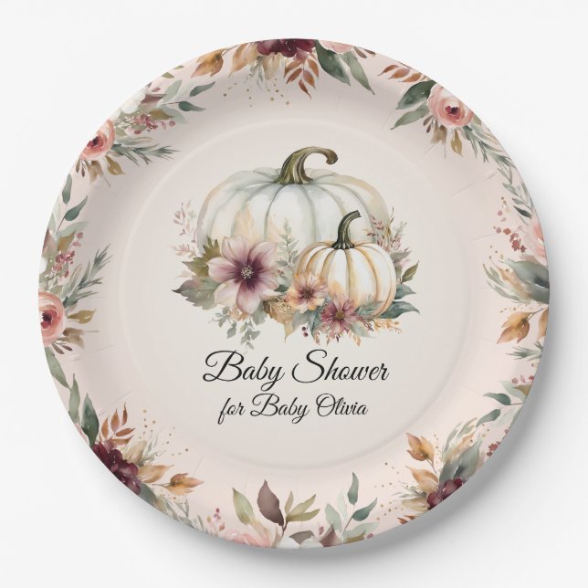 Rustic Burgundy Fall Floral Pumpkin Baby Shower Paper Plate (Front)