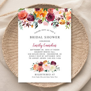 Rustic Burgundy Fall Floral Wedding Bridal Shower Invitation