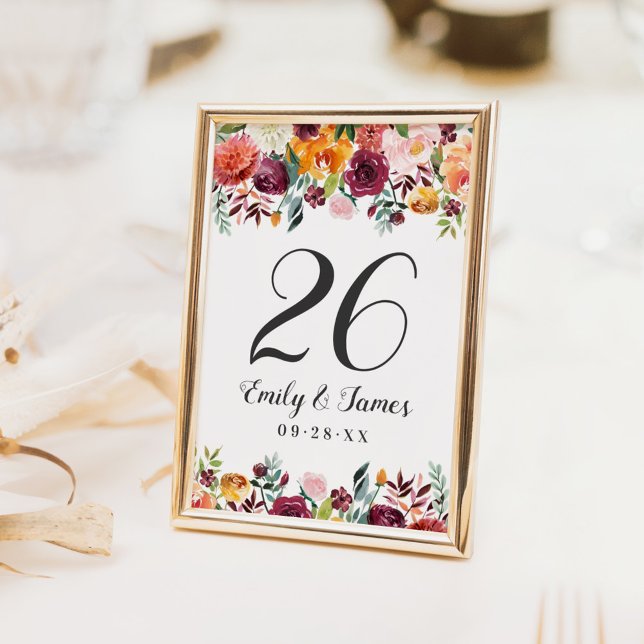 Rustic Burgundy Fall Floral Wedding Monogram Table Number (Creator Uploaded)