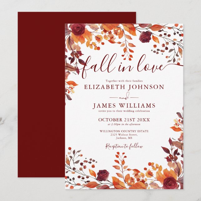 Rustic Burgundy Fall In Love Autumn Floral Wedding Invitation (Front/Back)