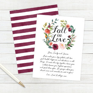 Rustic Burgundy Fall in Love Floral Wreath Advice Card