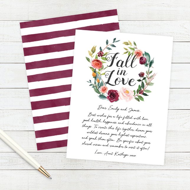 Rustic Burgundy Fall in Love Floral Wreath Advice Card (Creator Uploaded)
