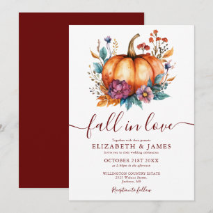 Rustic Burgundy Fall In Love Pumpkin Wedding Invitation