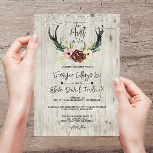 Rustic Burgundy Floral Antler Hunt is Over Wedding Invitation