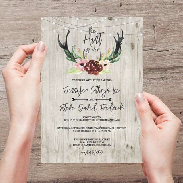 Rustic Burgundy Floral Antler Hunt is Over Wedding Invitation (Creator Uploaded)