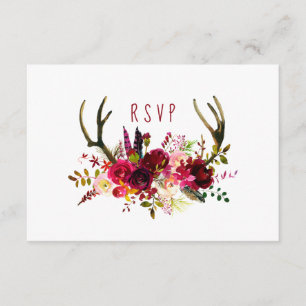 Rustic Burgundy Floral Antlers RSVP entree choice Card