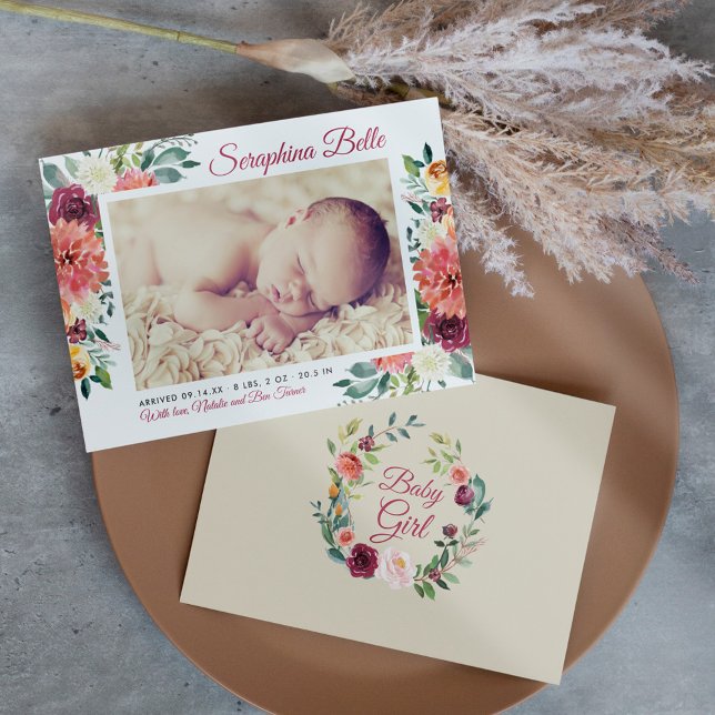 Rustic Burgundy Floral Baby Girl Photo Birth Announcement (Creator Uploaded)
