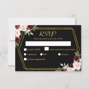 Rustic Burgundy Floral Black & Gold Wedding   RSVP Card