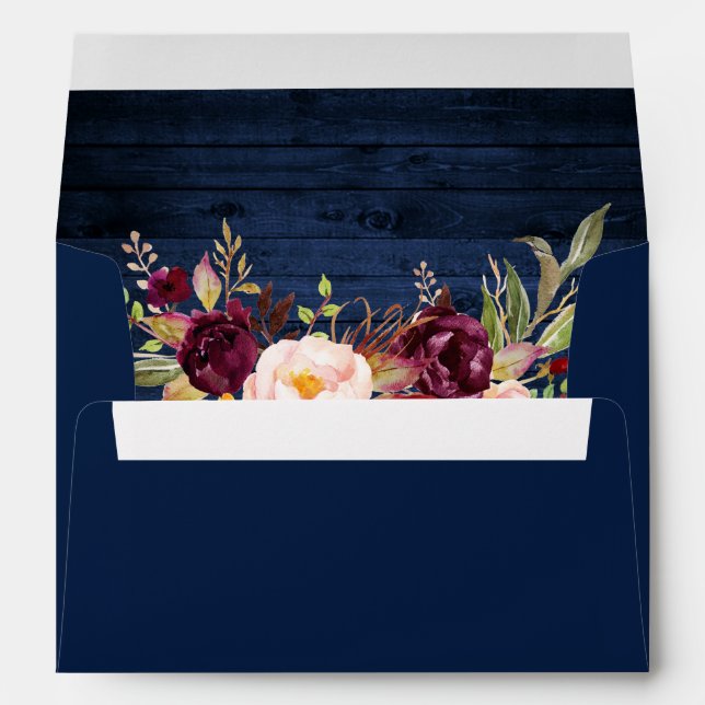 Rustic Burgundy Floral Blue Wood Invitation Envelope (Back (Bottom))
