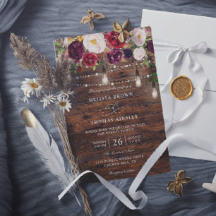 Rustic Burgundy Floral Budget QR Code Wedding Invitation