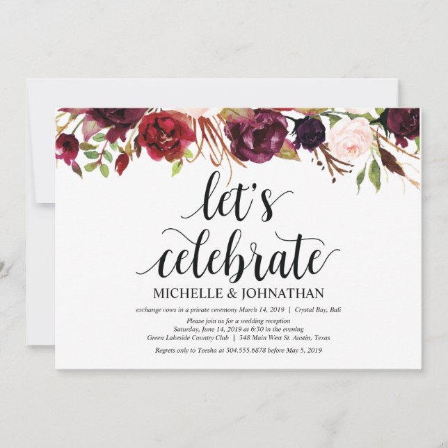 Rustic Burgundy Floral Elopement Reception Invites (Front)