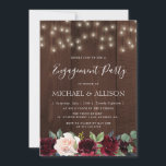 rustic burgundy floral engagement party invitation<br><div class="desc">Rustic wood background with burgundy navy blue watercolor flowers and white script text.</div>